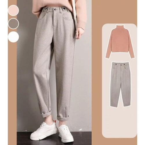 Women 2021 Autumn Winter New Fashion Wool Harem Pants Female Ankle-length High Waisted Pants Ladies Casual Wool Trousers Y493