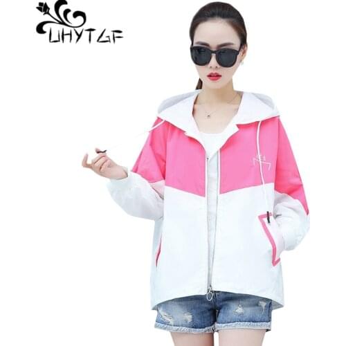 UHYTGF Oversized Bat sleeve summer coat Women Hooded cardigan casual sun protection clothing Color matching Loose thin coat 1467