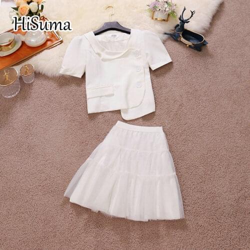 2021 summer new women o-neck single breasted irregular jacket + high waist gauze puff skirt suit female two piece sets