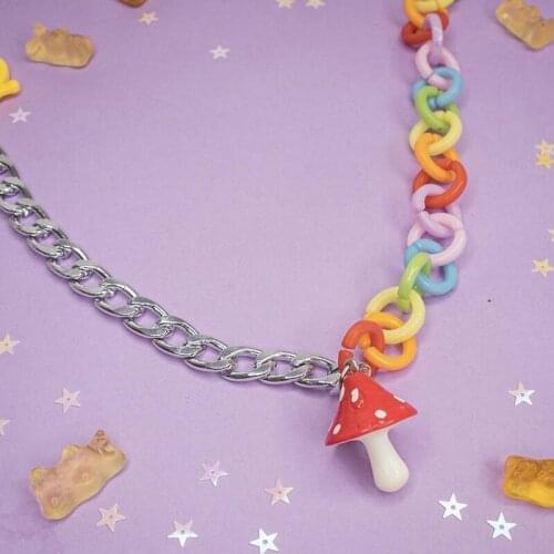 Punk Rainbow Mushroom Bear Acrylic Pendant Necklace For Women Y2K Harajuku Cool Vintage Colorful Animal Choker Necklace Jewelry
