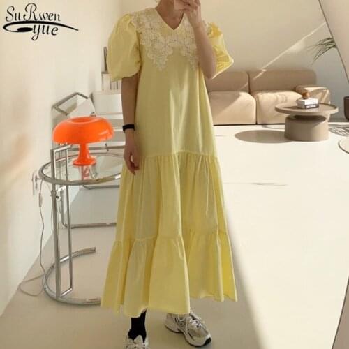 Early Summer Dress New Playful Lace Stitching Women Dresses Big Lapel Loose Bubble Sleeves V-neck Dress Robe Vintage Dress 14302