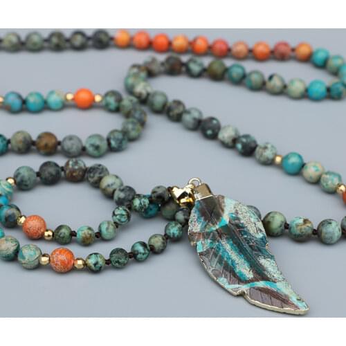 EDOTHALIA Beautiful Leaf Pendant Necklace For Women 8mm Orange Imperial Stone & Matte African Turquois Beaded Necklace