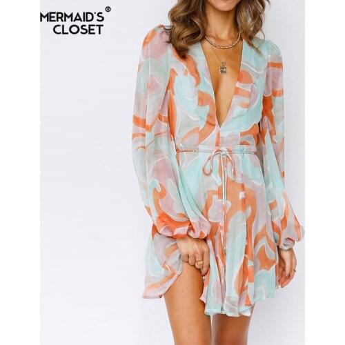 Summer Deep V Neck Chiffon Print Dress Womens Spring Long Sleeve Dress 2021 New Female Sexy Short A Line Holiday Party Vestidos