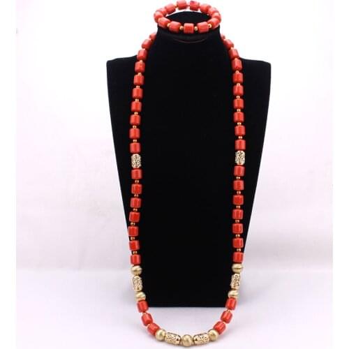4ujewelry Men Coral Beads Artificial Coral Beads For Nigerian Wedding Long Necklace and Bracelet African Jewelry Set