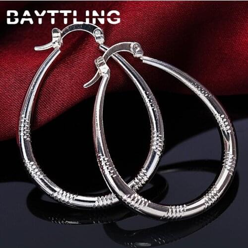 BAYTTLING New 39MM 925 Sterling Silver U Circle Spiral Corrugated Hoop Earrings For Women Simple Fashion Gift Wedding Jewelry