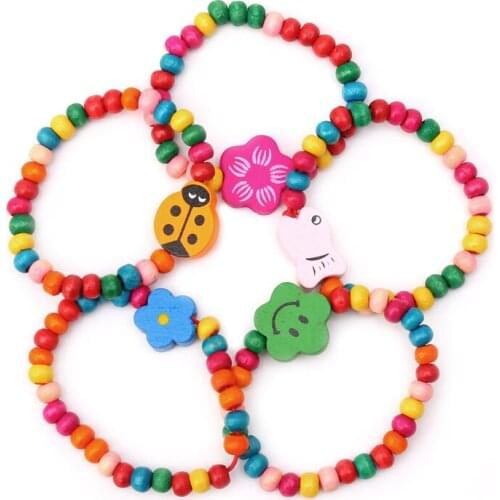5Pc Lovely Kids Children Wood Elastic Bead Bracelets Birthday Party Jewelry Gift