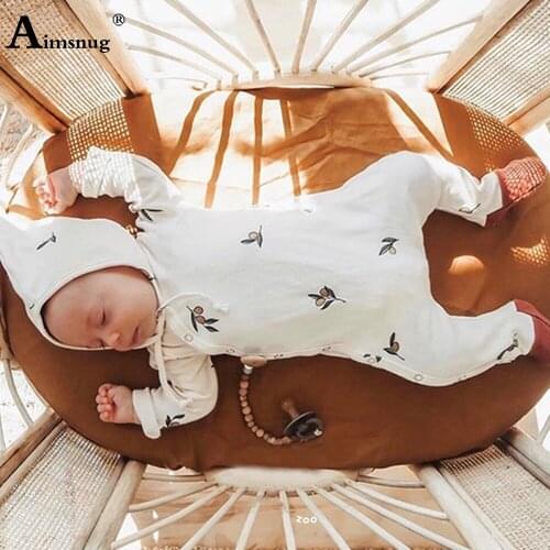 Aimsnug Toddler Children Romper with Hat Unisex Boys Girls Sweet Playsuits Kids Clothing 2021 Autumn Cotton Print Bodysuit