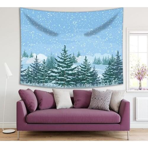 Tapestry Christmas Winter Forest Landscape with Firs Trees and Sky with Snow Nature Holiday Season Art Printed