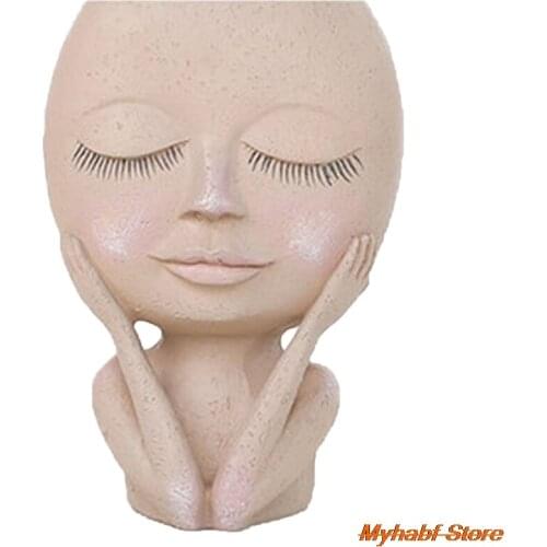 Flower Pot Girl Face Resin Tabletop Vase Cute Closed Eyes Doll Face Head Succulent Plant Flowerpot Home Garden Decor Ornament