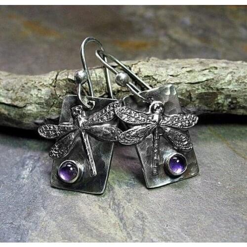 Exquisite womens Silver Dragonfly Earrings purple gemstone Earrings Jewelry anniversary gift birthday party Engagement Jewelry