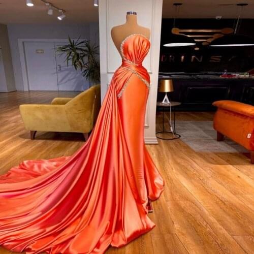 Coral Mermaid Evening Gowns Sexy Beaded Strapless Ruffles Sweep Train Prom Dresses Custom Made Robe De Soiree 2021 New Design