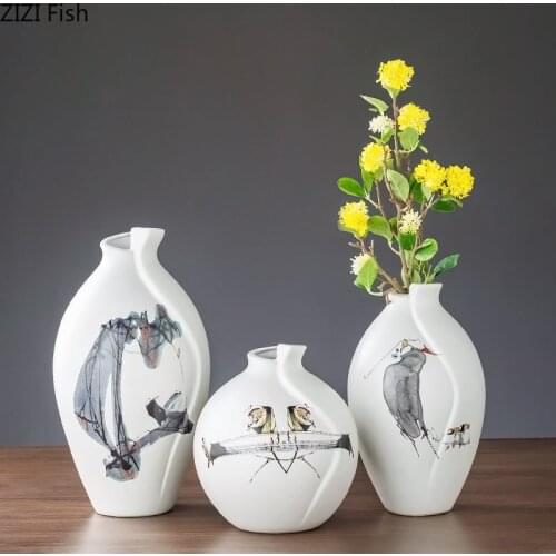 Creative White Hand-painted Pattern Ceramic Vase Porcelain Flower Arrangement Table Top Crafts Flower Vases Home Decoration New