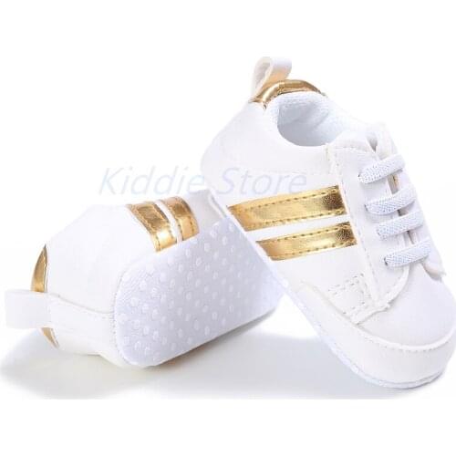 Gold White Mixed Color Sneaker for Baby Toddler First Walking Shoes Woth Soft Sole Baby Boys Girls Infant Two Striped Moccassins