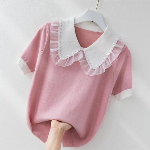 LJSXLS 2021 Knitted Pullovers Womens Sweater Summer Beading Peter pan Collar Short Sleeve Top Female Solid Sweet Sweater Mujer