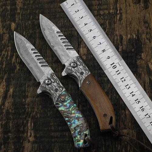 Wooden handle Damascus steel blade hunting knife camping fishing folding knife EDC tool survival rescue collection knives