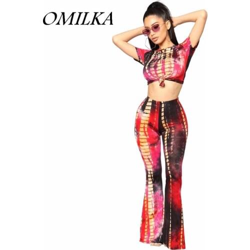 OMILKA Women Tracksuit 2018 Summer Women Short Sleeve O Neck Crop Top and Flare Long Pant Set Sexy Printed 2 Piece Tracksuits