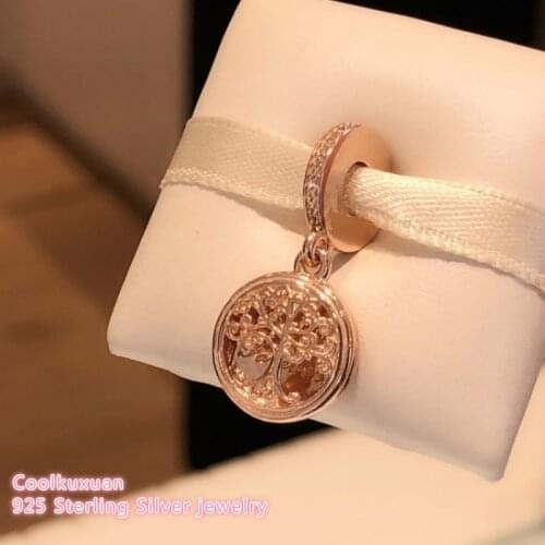 Autumn 100% 925 Sterling Silver Family Roots Dangle Charm, Rose gold & Clear CZ beads Fit Original Pandora Charms Bracelet