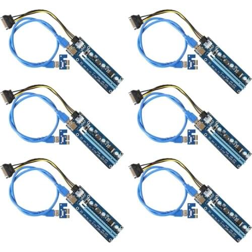 PCIE Riser 1X to 16X Powered Riser Adapter Card ,60cm USB 3.0 Extension Cable, 6 Pin SATA Power Cable - 6 Pack