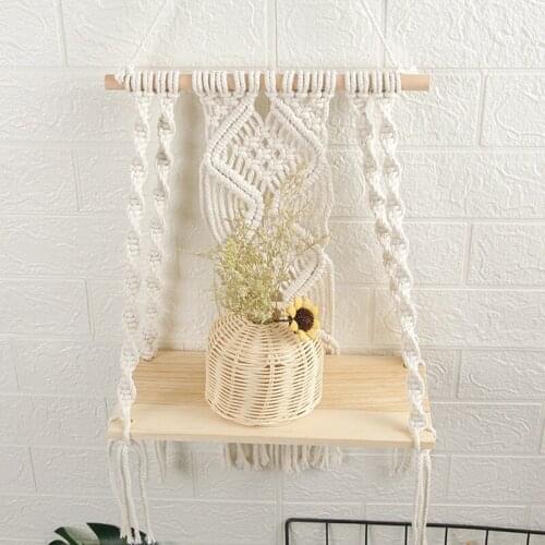 Handmade Woven Tassel Tapestry Rack Wood Floating Storage Hanger for Home Wall Decor Boho Macrame Wall Hanging Shelf