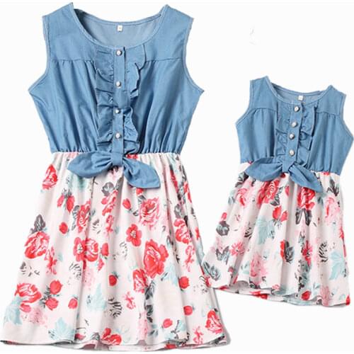 PPXX Bow Floral Girl Women Dress Jean Shirt Mother Daughter Dresses Wedding Party Family Matching Clothes outfits Plus Size