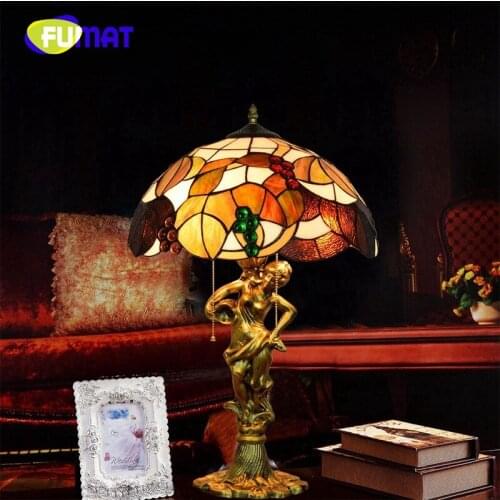 FUMAT Tiffany Bedroom Bedside Table Lamp Stained Glass Shade Lamp Red Dragonfly Rose Art European Retro Living Room Dining Room