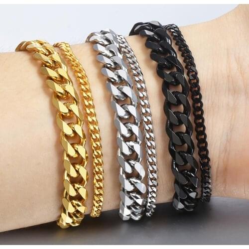Simple Curb Cuban Link Double Chain Bracelet Stainless Steel Wristband for Men Unisex Polished Fashion Jewelry DBM27