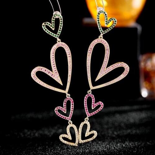 Luxury Zirconium Designer Heart Drop Earrings Gold Long Hollow CZ Dangle Earrings Luxury Dinner Temperament Love Earrings