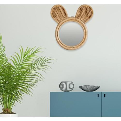 Rattan Wall Mirror Rabbit Ear Shape Round Makeup Mirror Wall Hanging Decorative Mirror Bathroom Living Room Home Decor