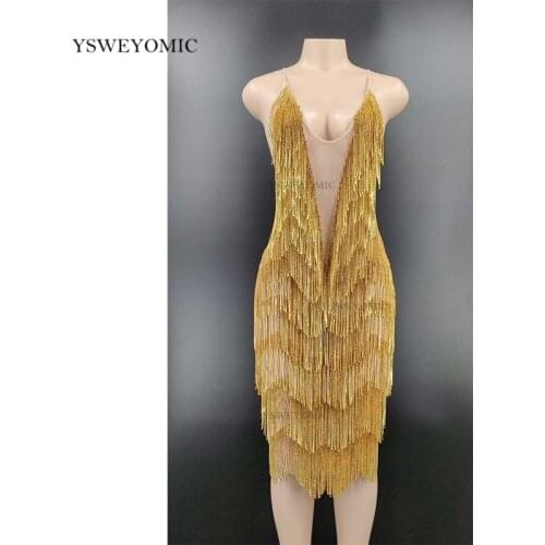 DS Show Dress Sparkly Gold Rhinestone Fringe Transparent Backless Short Dress Birthday Celebrate Outfit Women Dancer Dress
