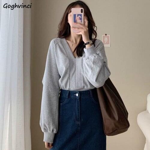 Hoodies Women Solid V-neck Pullovers Long Sleeve Cotton Design Ins Korean Style Office Lady Elegant Slouch All-match Tops Female