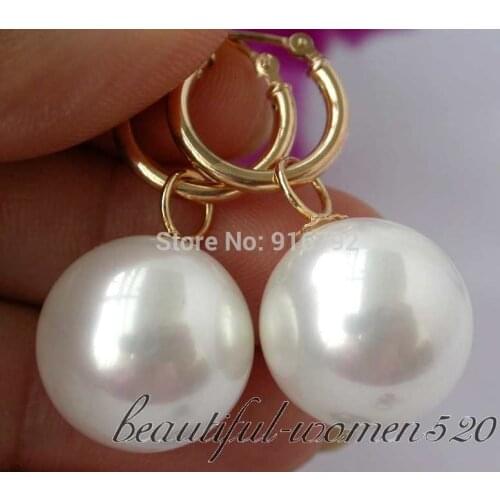Women Gift word Love real Wholesale >>14mm round white south sea shell pearl earring 925