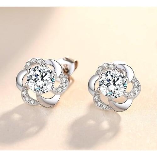 925 Sterling Silver Cubic Zirconia Flower Stud Earrings For Women Romantic Lady Fashion Jewelry Clear Blossom Ear Bijoux