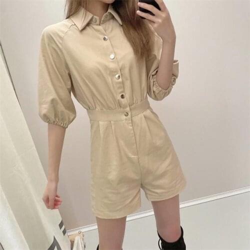 2021 ZA Summer Women Playsuits New Loose Half Sleeve Turn Down Collar Jumpsuit Casual Straight Playsuits Solid Printed Outwear