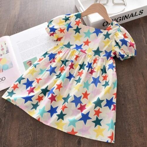 3-7 Years Summer Girls Casual Dress 2021 New Colorful Stars Print Costumes Kids Square Collar Clothing Puff Sleeve Cute Outfits