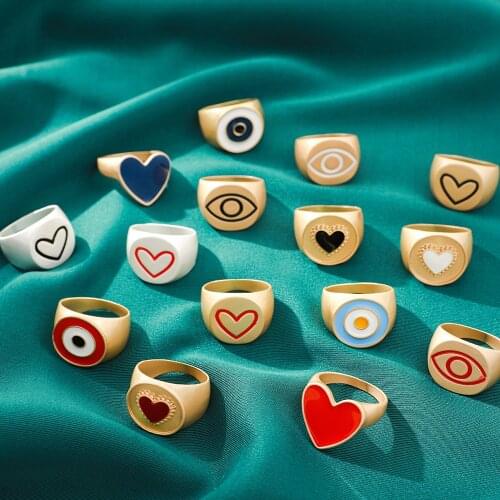 2021 Ins Cute Sweet Colorful Enamel Eye Heart Ring for Women Girls Fashion Matte Gold Stacking Finger Rings Jewelry Party Gift