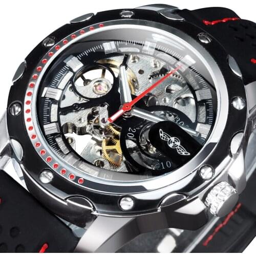 WINNER Official Automatic Mechanical Watch Men Sports Skeleton Silver Black Luminous Rubber Band Boy Gift All Match Big Case
