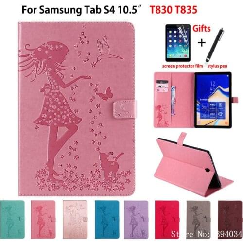 T830 Case For Samsung Galaxy Tab S4 10.5 T835 SM-T830 SM-T835 10.5" Cover Funda Tablet Girl Cat Embossed Coque Shell +Film+Pen