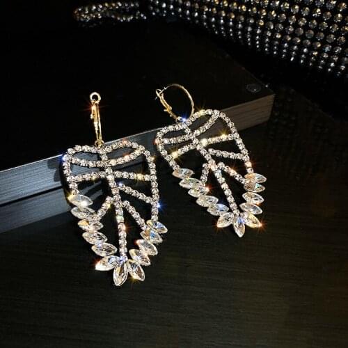Elegant Shining Full Rhinestone Big Heavy Leaf Dangle Earrings for Women Exaggerated Geometric Temperament Wedding Jewelry 2021