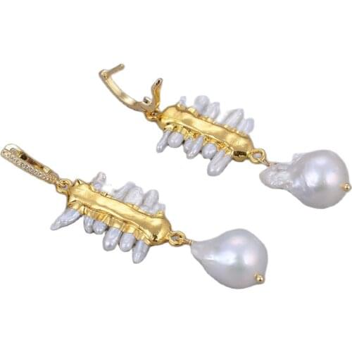 GG Jewelry Natural White Biwa Pearl White Toothpick Drop Baroque Pearl Gold-plating Dangle Earrings Handmade Trendy For Women