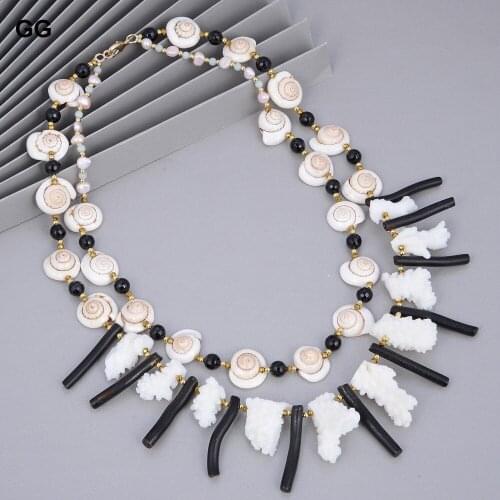 GG Jewelry Natural Unique Statement Necklace White Coral Black Corals Conch Shell Pearl Onyx Necklace 20" For Women