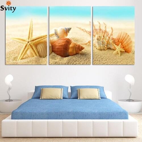 HD Large Beach sea star and conch Canvas Seascapes Paintings 3 Piece Wall Art Coconut Home Decor Sea Pictureunique gift