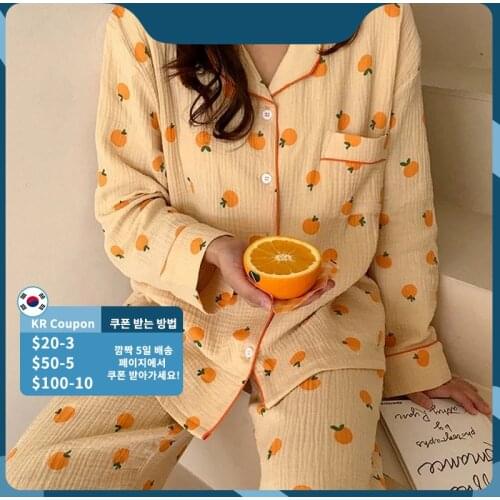 Cotton Home Suits Korean Sleepwear Orange Print Pajamas for Women Summer 2021 Pyjamas Girls Pijama Short and Long Sleeve Pjs