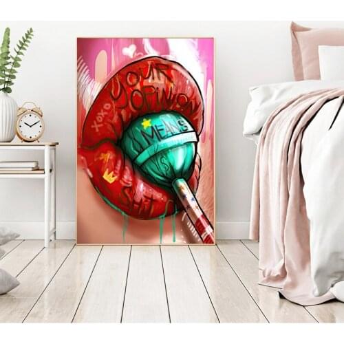 Red Lips Lollipop Art Canvas Painting Cuadros Graffiti Art Street Wall Posters and Prints Wall Picture for Living Room Decor