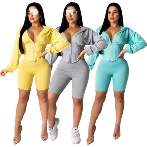 Echoine Hoodies Tops and Shorts Two Piece Set Skinny Bodycon Sweatshirt Women Tracksuit lounge wear Sportwear Gym Run Set