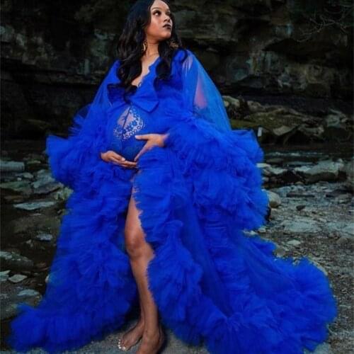 Royal Blue Maternity Dress for Photo Shoot Props Puffy Ruffles Maternity Gowns Photography Costume Prom Wear Women Bathrobe