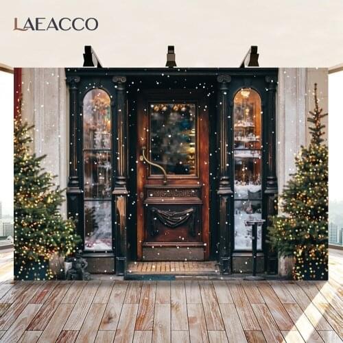 Laeacco Christmas Tree Vintage Shop Showcase Snow Photography Backdrops Photographic Backgrounds Winter Photocall Photo Studio