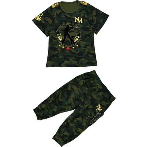 Big Boys Summer Sets Yellow Painting Camouflage Loose Fit T-shirts+Shorts 2PCS Clothing Sets Hip Hop Dancer Woven Belts Sets