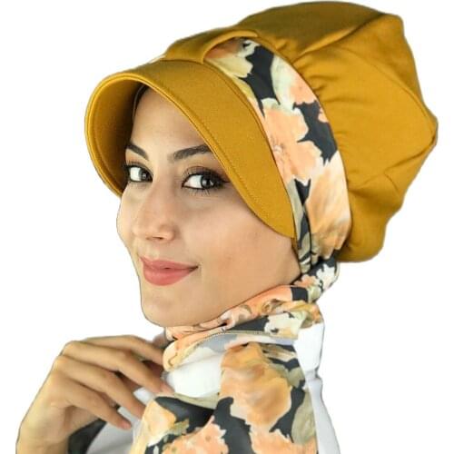 Islamic Fashion Muslim Women Hijab 2021 Trend Single Size Bathing Cap Beret Ready Shawl Scarf Buckle Hat Honey Color Female Hat
