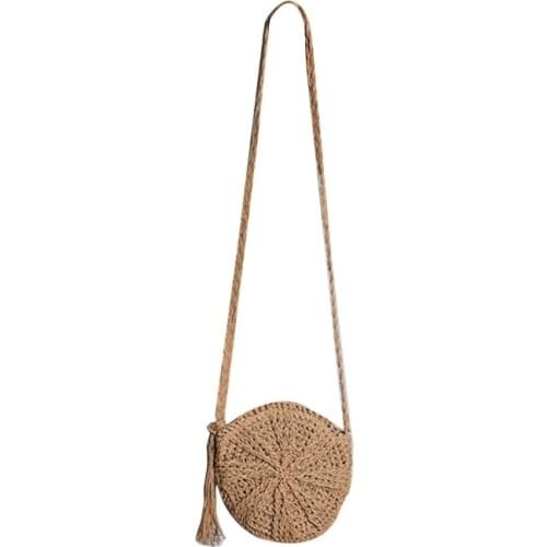 N7MF Womens Straw Crossbody Bag Summer Beach Retro Woven Round Bottom Handle Purse Shoulder Bag for Vocation with Tassels