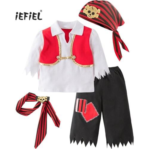 New Fashion Kids Clothes Toddler Cosplay Pirate Dress Up Costume Set Waistband Head Scarf Tops and Trousers Children Clothes